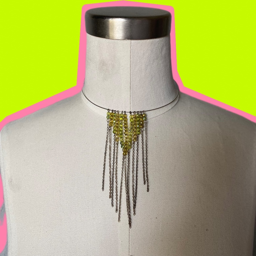 90s Wire Bib Choker with Green Fringe Beads